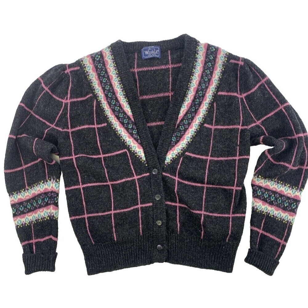Woolrich Charcoal Gray Windowpane Plaid Knit Cardigan Sweater - M